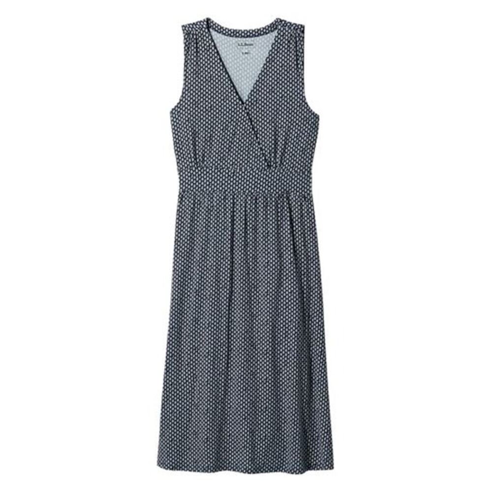 L.L.Bean Sleeveless Faux Wrap Knit Dress Black White Geo Print Size Large